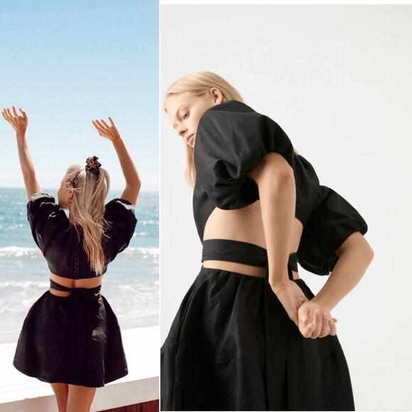 Aje Psychedelia Puff Sleeve Cut Out Mini Dress Tie Back Black Size US 8 - Picture 11 of 11